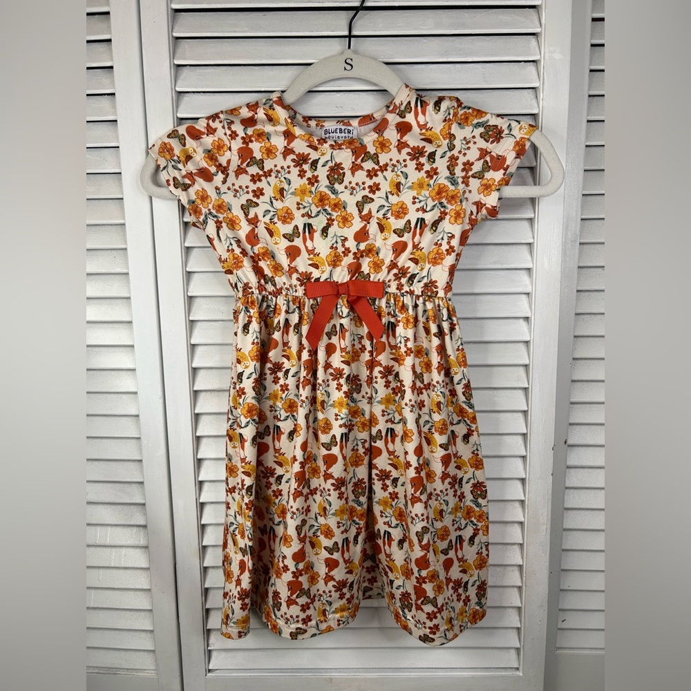 Blueberi Boulevard Floral/woodland Dress with Orange Bow Size 5